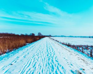 Preview wallpaper road, snow, traces, field, winter, landscape