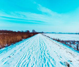 Preview wallpaper road, snow, traces, field, winter, landscape