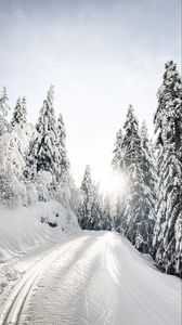 Preview wallpaper road, snow, trees, winter, snowy