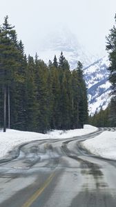 Preview wallpaper road, snow, trees, mountains, forest, nature