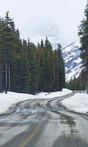 Preview wallpaper road, snow, trees, mountains, forest, nature