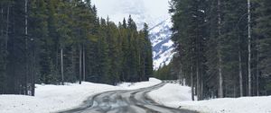 Preview wallpaper road, snow, trees, mountains, forest, nature