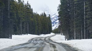 Preview wallpaper road, snow, trees, mountains, forest, nature