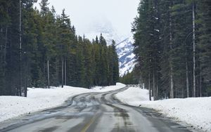 Preview wallpaper road, snow, trees, mountains, forest, nature