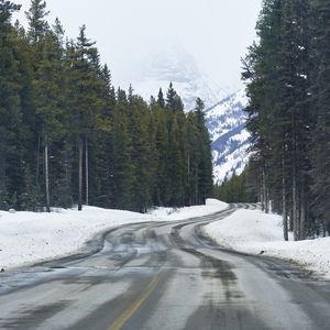 Preview wallpaper road, snow, trees, mountains, forest, nature