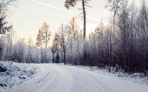 Preview wallpaper road, snow, trees, nature