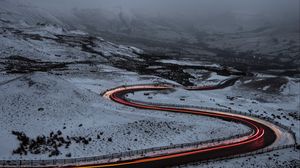 Preview wallpaper road, snow, turns, long exposure, fog