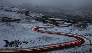 Preview wallpaper road, snow, turns, long exposure, fog