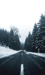 Preview wallpaper road, snow, winter, trees, turn, markup