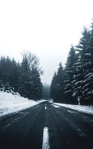 Preview wallpaper road, snow, winter, trees, turn, markup