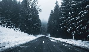 Preview wallpaper road, snow, winter, trees, turn, markup