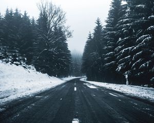 Preview wallpaper road, snow, winter, trees, turn, markup