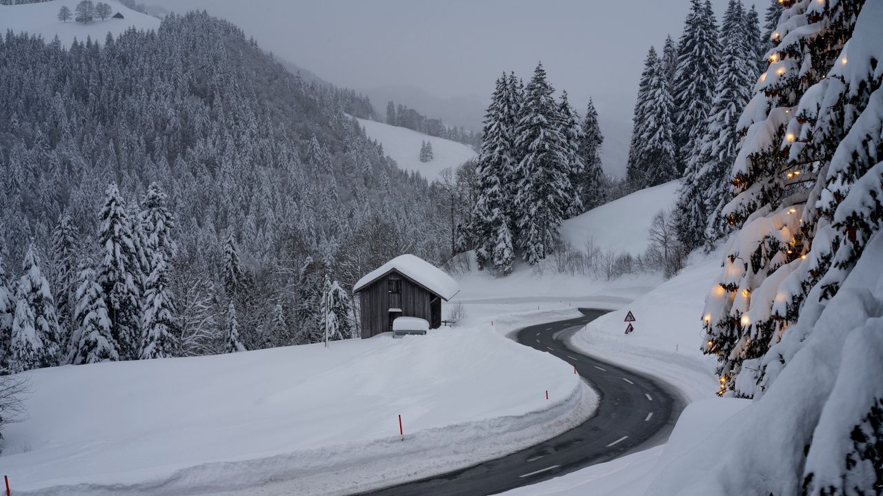 Wallpaper road, snow, winter, turn