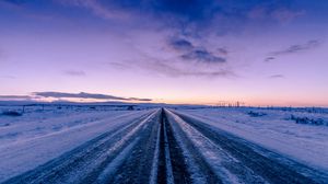 Preview wallpaper road, snow, winter, direction, horizon, twilight