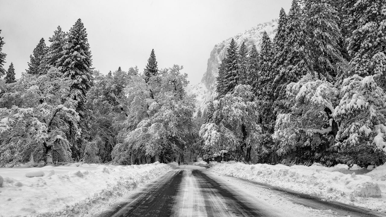 Wallpaper road, snow, winter, mountain, valley