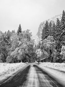 Preview wallpaper road, snow, winter, mountain, valley