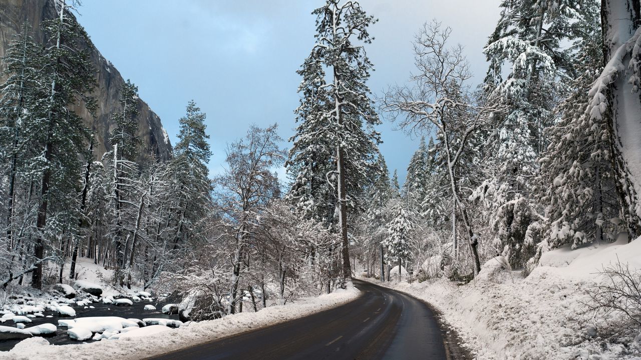 Wallpaper road, snow, winter, turn, valley, landscape