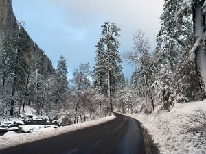 Preview wallpaper road, snow, winter, turn, valley, landscape