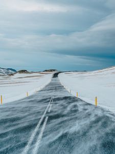 Preview wallpaper road, snow, winter, marking, direction