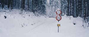 Preview wallpaper road, snow, winter, pointer, forest