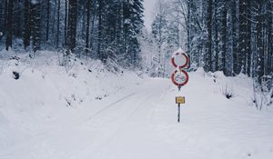 Preview wallpaper road, snow, winter, pointer, forest