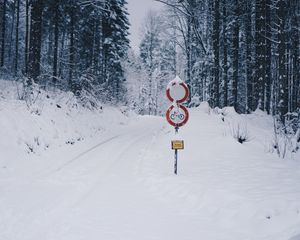 Preview wallpaper road, snow, winter, pointer, forest