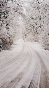 Preview wallpaper road, snow, winter, forest, trees, bushes