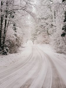 Preview wallpaper road, snow, winter, forest, trees, bushes