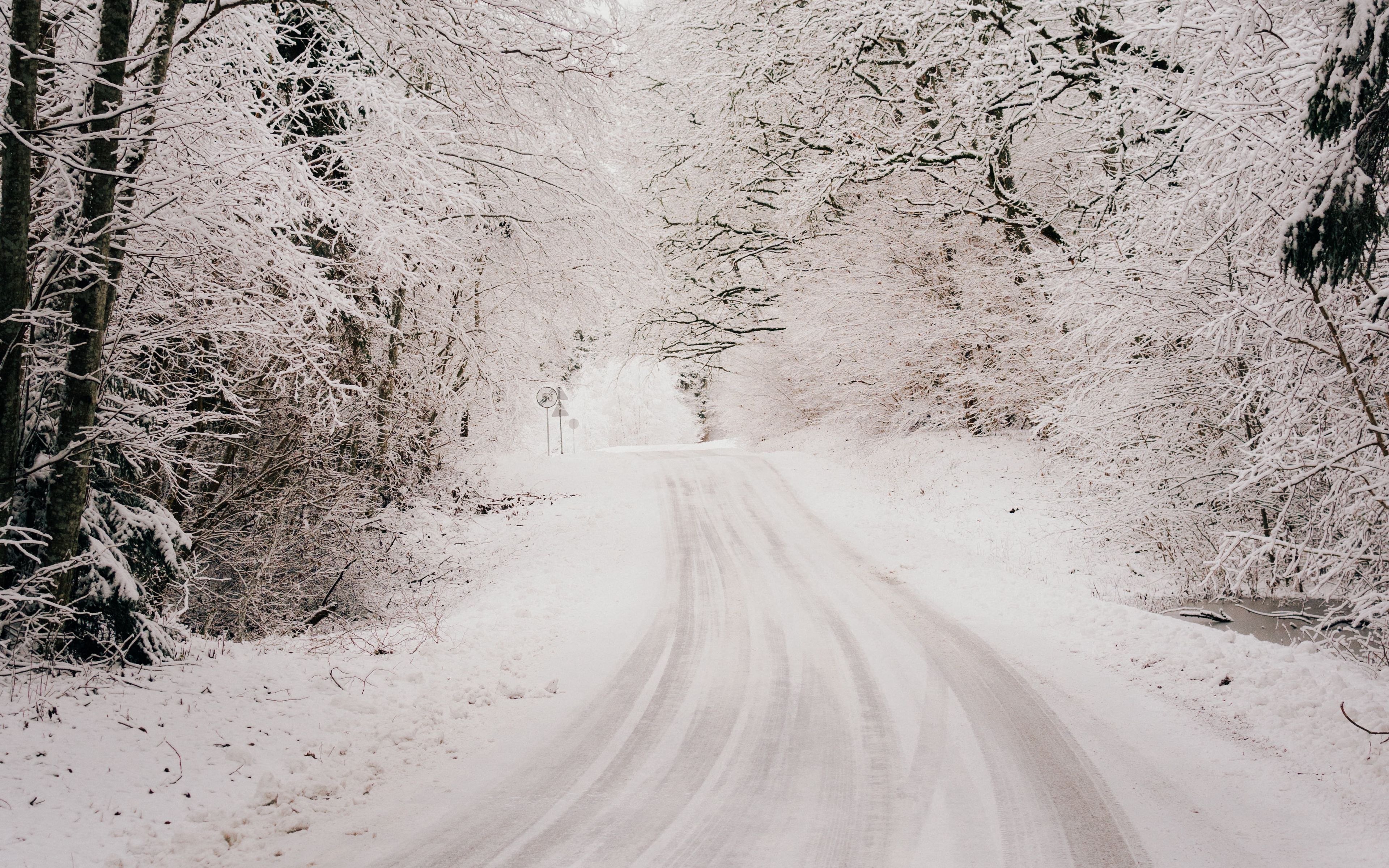 Download wallpaper 3840x2400 road, snow, winter, forest, trees, bushes ...