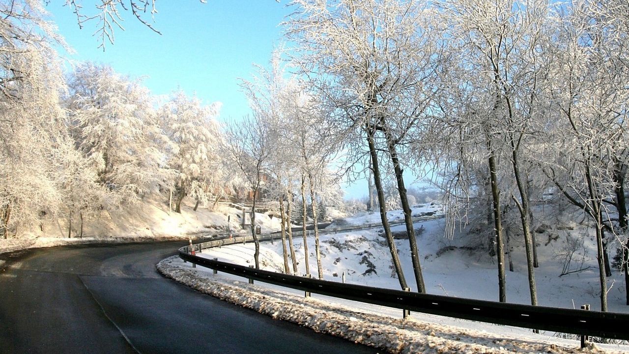 Wallpaper road, snow, winter, turn, trees