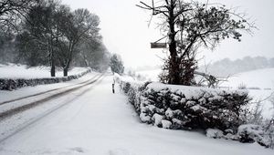 Preview wallpaper road, snow, winter, plate, sign, traces