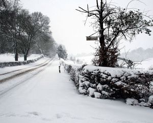 Preview wallpaper road, snow, winter, plate, sign, traces