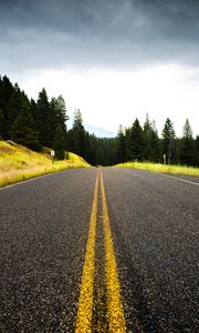 Preview wallpaper road, spruce, marking, distance, trees