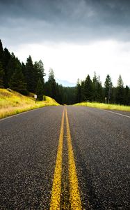 Preview wallpaper road, spruce, marking, distance, trees
