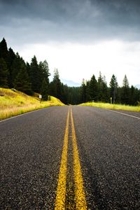 Preview wallpaper road, spruce, marking, distance, trees