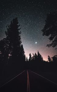 Preview wallpaper road, starry sky, night, trees, marking