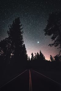 Preview wallpaper road, starry sky, night, trees, marking