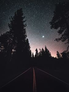 Preview wallpaper road, starry sky, night, trees, marking