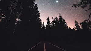 Preview wallpaper road, starry sky, night, trees, marking