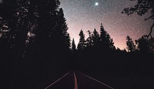 Preview wallpaper road, starry sky, night, trees, marking