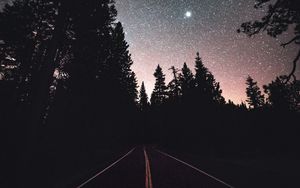 Preview wallpaper road, starry sky, night, trees, marking