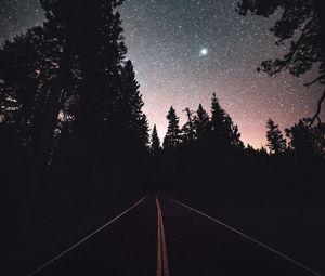 Preview wallpaper road, starry sky, night, trees, marking