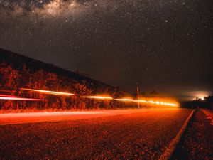 Preview wallpaper road, starry sky, night, direction