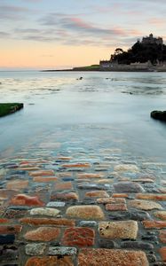 Preview wallpaper road, stones, surf, island, castle