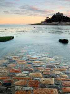 Preview wallpaper road, stones, surf, island, castle