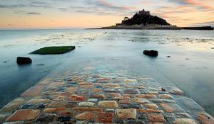 Preview wallpaper road, stones, surf, island, castle