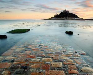 Preview wallpaper road, stones, surf, island, castle