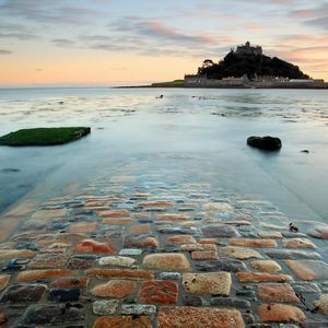 Preview wallpaper road, stones, surf, island, castle