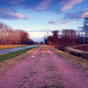 Preview wallpaper road, stony, river, trees, way, clouds, sky, pools, grass