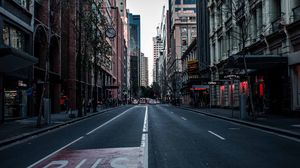 Preview wallpaper road, street, asphalt, buildings, city